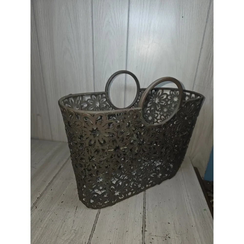 Vtg Large Floral Metal Basket Bin Magazine Rack Towel Display Bathroom Decor